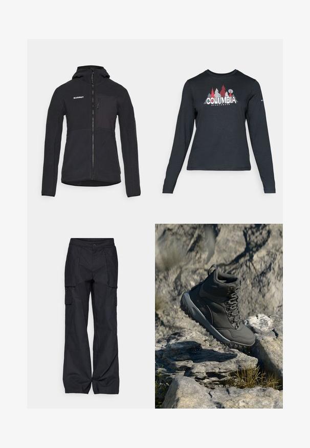 Casaco de fleece com capuz preto, com fecho na frente, apresentando um bolso no peito e uma textura suave. Logótipo da marca exibido no lado superior esquerdo.; Camisa de mangas longas cinza escuro com um gráfico de árvores vermelhas e montanhas; logótipo "COLUMBIA" em texto branco em negrito. Tecido suave, cuello redondo padrão.; Columbia BREA FALLS™ COTTON RIPSTOP PANT - Calças para exterior - black; Botas de caminhada de cor cinza escuro, feitas de material sintético, com um colarinho acolchoado, ilhós de metal e sola de borracha texturizada para tração.
