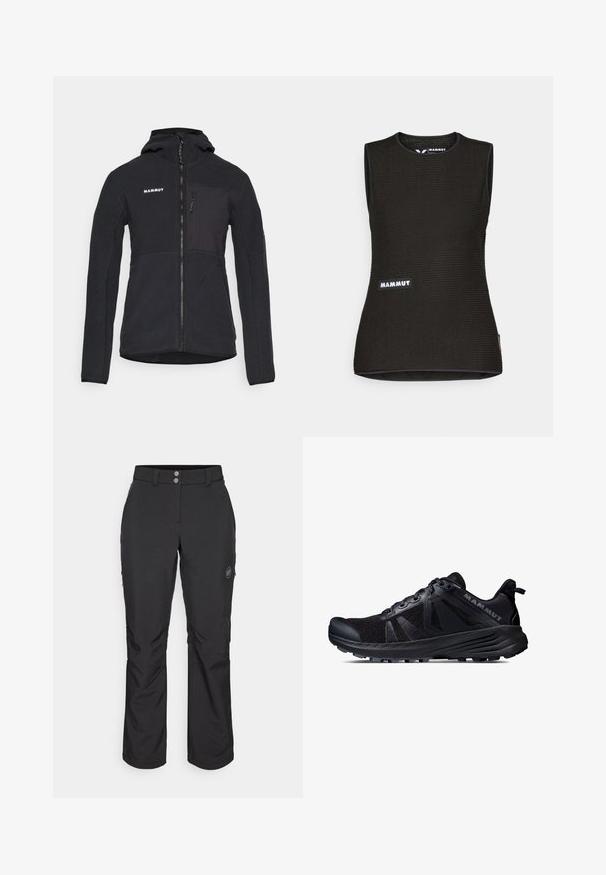 Fekete kapucnis fleece dzseki elülső cipzárral, melyen mellzseb található és sima tapintású. A márka logója a bal felső oldalon látható.; Fekete ujjatlan póló struktúrált mintával, kerek nyakkivágással és elől található "MAMMUT" logóval. Lélegző anyagból készült.; Fekete, egyenes szabású kinti nadrág, gombos záródással, cipzáros oldalzsebekkel és logóval a bal combon.; Fekete terepfutó cipő hálós felsőrésszel és gumitalppal. Texturált betétekkel, megerősített orr résszel és márkalogóval a saroknál.