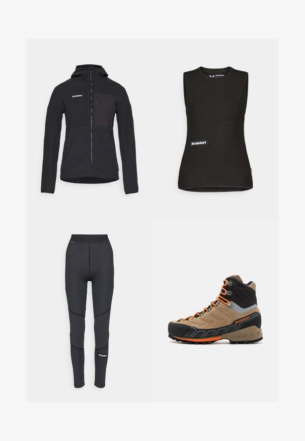 Mustal tõmblukkidega fliisjakki, millel on rinnakott ja sile tekstuur. Brändi logo on nähtav vasakul ülal.; Mustat ilmaäratavad särk ilma varrukateta, millel on tekstuuriga muster, ümmargune kaelus ja esiküljel "MAMMUT" logo. Valmistatud hingavast materjalist.; Mustad must võistlusleggingsid tekstureeritud paneelidega ja tugevdatud õmblustega, brändi logoga ja laia elastse vöökohtaga.; Bež ja must kõrge varbaga matkasaapad oranži paeltega, kummist varbakattega, tekstuuriga ülaservaga ja robustse tallaga. Omab tugevdatud pahkluutoetust.