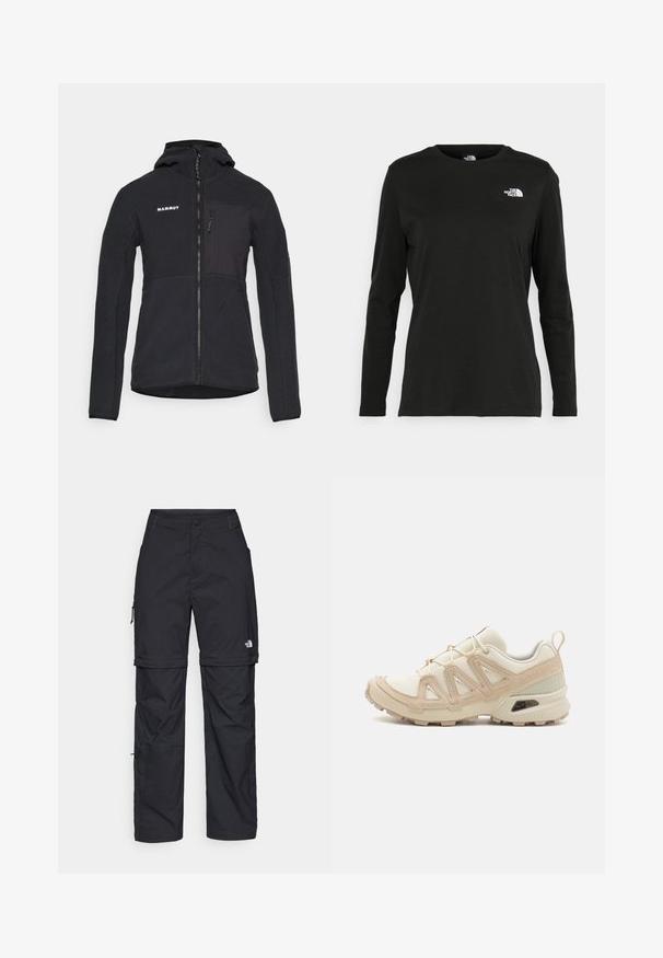 Giacca in fleece nera con cappuccio e zipper frontale, dotata di una tasca sul petto e una superficie liscia. Logo del marchio visibile sulla parte superiore sinistra.; T-shirt nera a maniche lunghe in cotone con colletto rotondo. Presenta un piccolo logo bianco sul lato sinistro del petto. Design semplice e vestibilità comoda.; Pantaloni cargo in nylon nero con zip rimovibile, polsini regolabili, molteplici tasche e un logo sulla gamba destra. Tessuto liscio e leggero.; Scarpa atletica beige e crema con tomaia in mesh testurizzato, sovrapposizioni supportive e suola in gomma con un motivo a tasselli per la trazione.