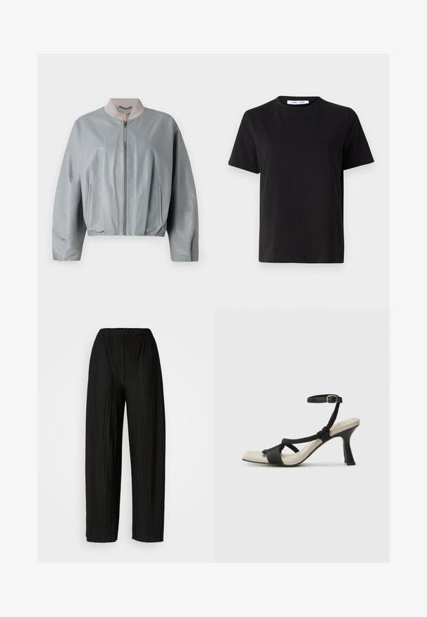 Svijetlo siva skraćena bomber jakna napravljena od glatke kože, sa rebrastim ovratnikom, prednjim patentnim zatvaračem i bočnim džepovima.; Crna kratka majica s kratkim rukavima od mekanog pamuka, s okruglim izrezom, opuštenim krojem i glatkom teksturom. Nema vidljivih uzoraka ili grafike.; Crne široke hlače s nabranim nogavicama i elastičnim pojasom. Tkanina ima vertikalne nabore i glatku teksturu.; Crne sandale na visokom potpetici s dizajnom pletenih trakica, kvadratnim vrhom i podešivom trakicom oko gležnja. Svijetlosmeđi ulošci s sjajnim crnim potpeticama.