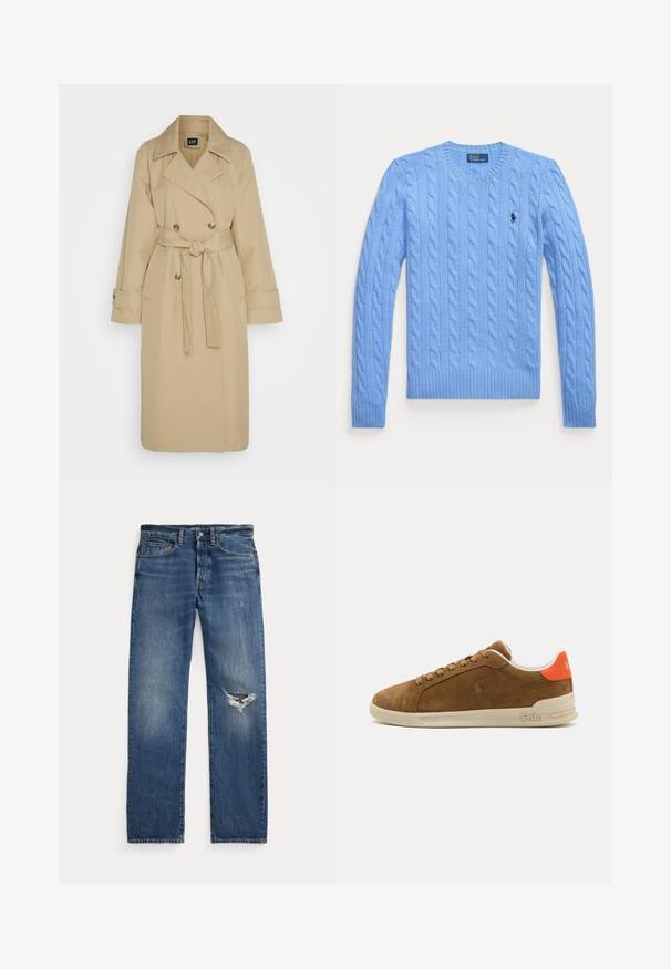 GAP Trenssi - khaki; Vaaleansininen neulepusero, jossa on pyöreä kaula-aukko, resorit hihansuissa ja helmassa. Rinnassa pieni logo. Kankaan pinta on rakenne.; Valkoinen nappikauluspaita, jossa on terävä kaulus, pitkät hihat ja pieni sininen logo vasemmassa rinnassa. Valmistettu puuvillakankaasta.; Siniset farkut, joissa on keskikorkea vyötärö, viisi taskua ja repaleinen repeämä oikeassa polvessa.; Ruske juuttihiusnikat, joissa on kermaavaaleat kumipohjat, oranssit yksityiskohdat kantapäässä ja pieni logotehoste sivussa.