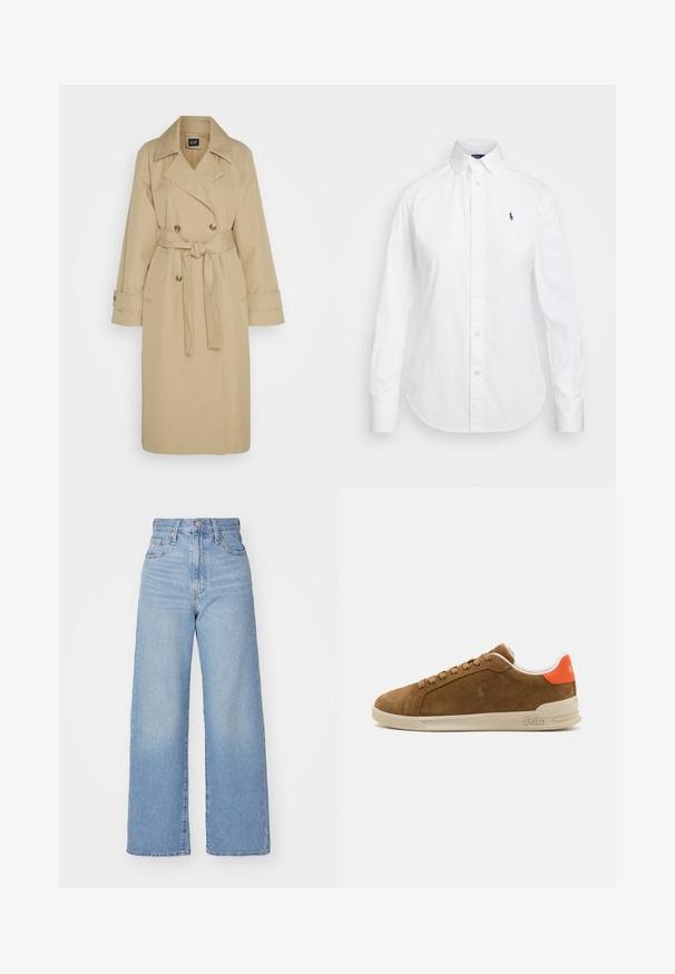 GAP Trenchcoat - khaki; Witte button-up shirt met een puntige kraag, lange mouwen en een klein blauw logo op de linkerborst. Gemaakt van katoen.; Lichtblauwe high-waist wijde jeans met een knoop- en ritssluiting aan de voorkant, voor- en achterzakken, op een witte achtergrond.; Bruine suède sneaker met een crème rubberen zool, met oranje accenten bij de hiel en een klein logo-detail aan de zijkant.