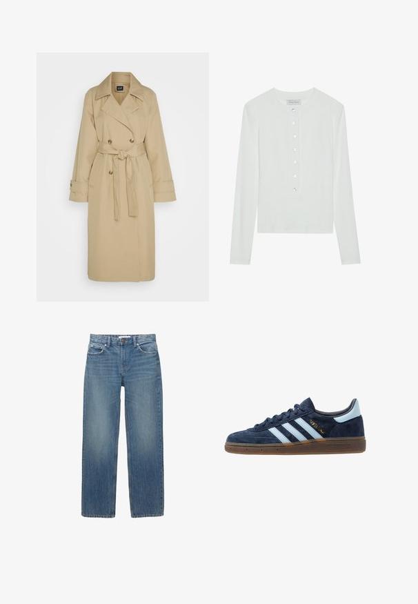 GAP ICON - Trenčkot - khaki; Bílý dlouhý rukáv top vyrobený z ribované látky, který má kulatý výstřih a přední zapínání na šest průhledných knoflíků.; Světle modré džínové kalhoty se střihiem do rovna, pěti kapsami a měděným kováním. Látka má mírné vyblednutí a hladkou texturu.; Námořnické modré semišové tenisky Adidas s světle modrými pruhy, gumovou podrážkou, světle modrým patním poutkem a zlatým nápisem "Spezial" na boku.