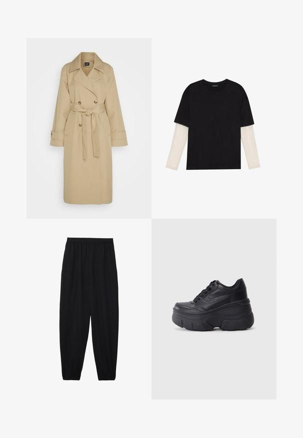 GAP Trench - khaki; T-shirt noir en coton, avec des manches courtes sur une couche à manches longues blanche avec un motif texturé subtil. Col rond.; Pantalons noirs légers avec une taille élastique et des chevilles froncées. Le tissu est lisse et présente un design décontracté et fuselé.; Baskets noires à lacets avec une semelle épaisse, présentant un dessus en cuir lisse, un bout arrondi et un design de plateforme en couches distinct.
