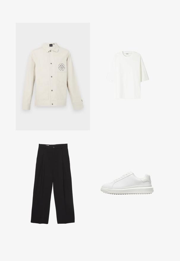 Svijetlosmeđa jakna od pamuka, s gumbima sprijeda, kragnom i džepom na prsima s okruglim grafičkim logom. Ima dva prednja džepa.; Bijela majica kratkih rukava od pamuka, s okruglim izrezom i ležernim krojem te ravnim rubom.; Crne široke hlače od glatkog materijala, s ravnim pojasom, prednjim nabranim detaljima i zatvaranjem na jedan gumb.; Bijela tenisica s glatkim sintetičkim gornjim dijelom, okruglim vrhom, ravnim vezicama, teksturiranim potplatom i složenim, platformastim dizajnom za dodatnu visinu.