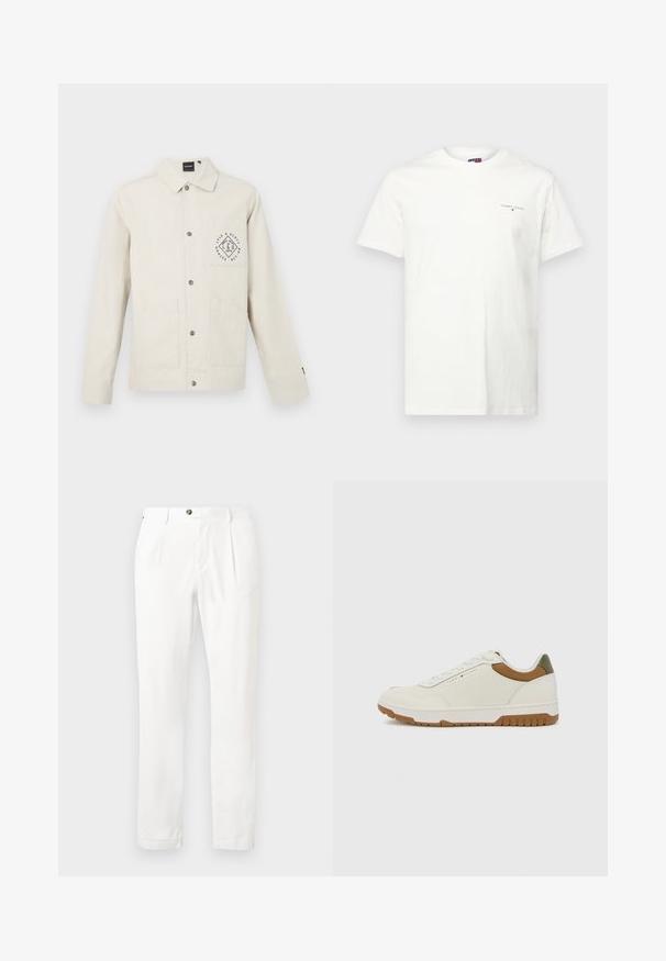 Svetlosivý béžový kabát z bavlny, s gombíkovým zapínaním, golierom a náprsním vreckom s kruhovým logom. Dve predné vrecká.; Biela bavlnená tričko s krátkymi rukávmi, V-výstrihom a malým vyšitým logom na ľavej hrudi. Hladká textúra a klasický strih.; Biele nohavice s plochým predným dielom, dvoma záhybmi a zapínaním na gombík. Vyrobené z ľahkej tkaniny, s rovnými nohami a jemným obrubou.; Tommy Hilfiger BASKET CORE - Tenisky - ecru/army green