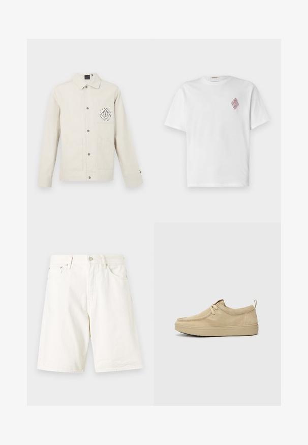 Lys beige jakke lavet af bomuld, med knapper foran, krave og brystlomme med cirkulært logo. To forlommer.; Hvid bomulds t-shirt med korte ærmer, prydet med et rødt broderet diamantdesign på venstre brystområde. Klassisk rund hals.; Hvide denim shorts med lige snit, som har bæltestropper, lynlåsgylpter og to forlommer. Glat tekstur og enkelt design.; Beige ruskinds slip-on sko med en rund tå, minimal syning og en gummisål. Blød tekstur med en diskret mærkeaccent på hælen.