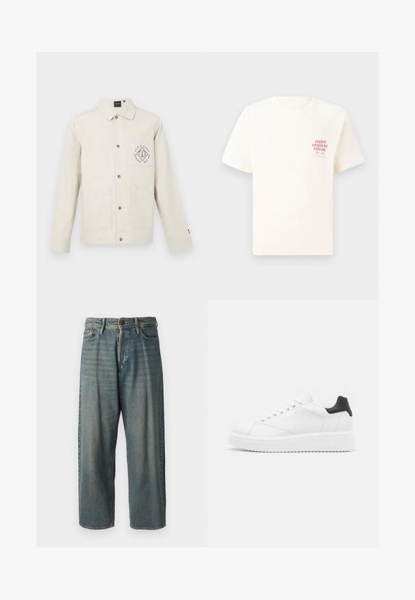 Svetlosivý béžový kabát z bavlny, s gombíkovým zapínaním, golierom a náprsním vreckom s kruhovým logom. Dve predné vrecká.; Biele tričko s krátkym rukávom s červeným textom "Studio Originals Edition" na ľavej hrudi, zobrazené na neutrálnom šedom pozadí.; Svetlomodré denimové nohavice so voľným strihom, stredne vysokým pásom a rovnými nohavicami. Obsahujú päť vreciek, pútka na opasok a zapínanie na gombík.; Biele kožené tenisky s čiernym pätkovým detailom, plochými šnúrkami, textúrovanou medzipodrážkou a logom na vonkajšej strane. Navrhnuté na neformálne nosenie.