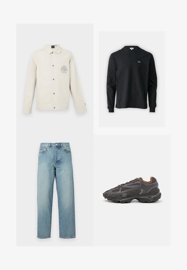 Svetlo bež jedro iz bombaža, s prednjim gumbom, ovratnikom in žepom na prsih z okroglo grafiko logotipa. Dva sprednja žepa.; Črna dolgi rokavi majica iz bombaža, z okroglim ovratnikom in majhnim zelenim vezenim logotipom krokodila na levem prsnem delu.; Svetlo modri jeans z ohlapnim krojem, ravnimi hlačnicami, petimi žepi in gumbom za zapiranje pri pasu. Minimalistični detajli šivanja.; Lacoste teniske v temno sivi barvi z mrežasto in sintetično prevleko, s teksturiranim podplatom in rjavimi detajli na ovratniku ter blagovni znamki.