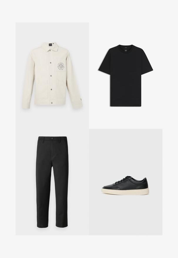 Chaqueta de color beige claro hecha de algodón, con cierre de botones en la parte delantera, cuello y bolsillo en el pecho con un gráfico de logo circular. Dos bolsillos delanteros.; Camiseta negra de manga corta fabricada con una suave mezcla de algodón, que presenta un cuello redondo y un diseño minimalista sin patrones ni acentos.; Pantalones negros de corte recto, hechos de una tela lisa. Cuentan con un cierre de botón y trabillas para cinturón. Sin patrones ni acentos visibles.; Zapatilla negra de piel de caña baja con cordones negros y suela color crema, mostrada en perfil lateral sobre fondo blanco.