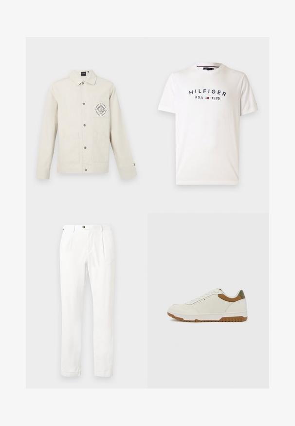 Svetlosivý béžový kabát z bavlny, s gombíkovým zapínaním, golierom a náprsním vreckom s kruhovým logom. Dve predné vrecká.; Biele bavlnené tričko s okrúhlym výstrihom, krátkymi rukávmi a centrálnym logom s nápisom "HILFIGER USA 1985" v námorníckej modrej farbe s červeným a modrým emblémom.; Biele nohavice s plochým predným dielom, dvoma záhybmi a zapínaním na gombík. Vyrobené z ľahkej tkaniny, s rovnými nohami a jemným obrubou.; Tommy Hilfiger BASKET CORE - Tenisky - ecru/army green