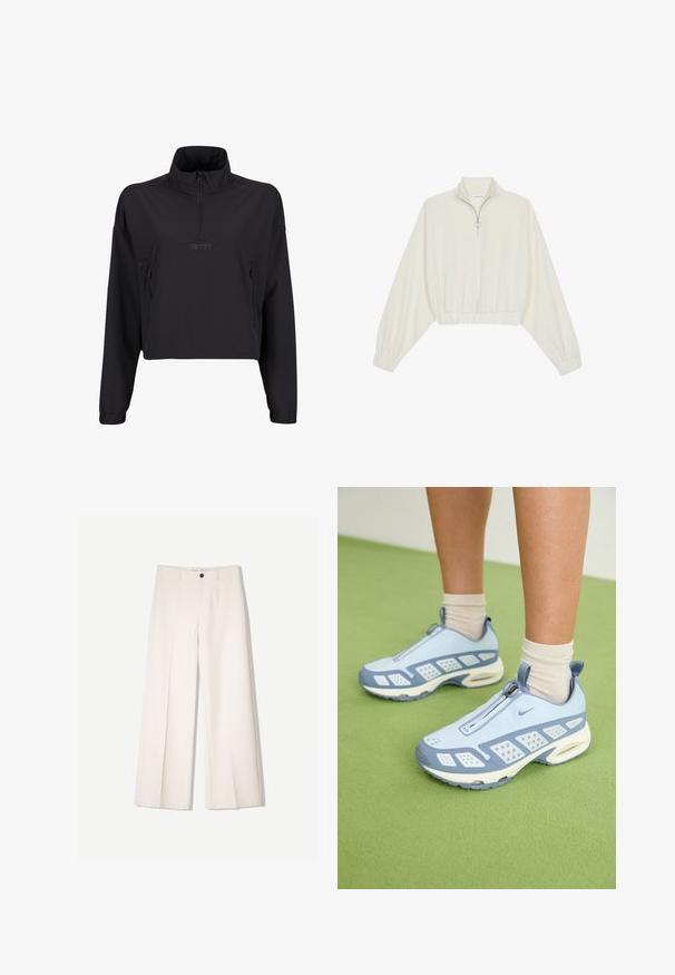 Crna skraćena pulover jakna s visokim ovratnikom, zatvaranjem na pola patentnog zatvarača i dva bočna džepa s patentnim zatvaračem. Glatka, lagana tkanina s mat završnom obradom.; Skraćeni pulover od kremastog materijala, s visokim ovratnikom, zatvaranjem na polovicu munje, elastičnim rubom i manžetama, s glatkom teksturom i minimalnim dizajnom.; Kreme hlače širokih nogavica s krojem koji je prilagođen, s dva prednja džepa i jednim prednjim zatvaranjem na gumb, izrađene od glatkog materijala.; Svijetloplave atletske cipele s bijelim naglascima, teksturiranim panelima i zatvaranjem na patentni zatvarač. Imaju vidljivu zračnu amortizaciju i gumeni potplat.
