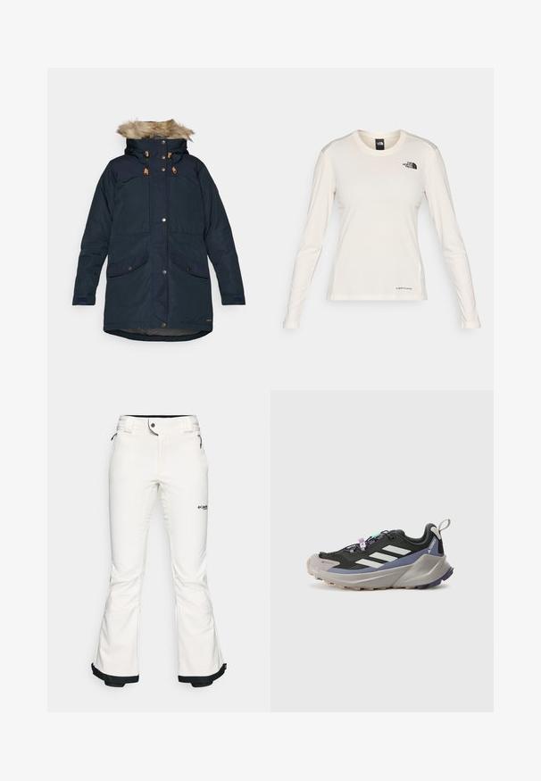 Fjällräven SINGI DOWN JACKET W - Manteau en duvet - dark navy; The North Face SHADOW LONG SLEEVE - T-shirt à manches longues - white dune; Pantalon de ski blanc en matériau doux et flexible. Présente une taille ajustée, des jambes larges évasées et une bordure noire aux poignets. Logo de la marque visible.; Baskets noires en textile Gore-Tex, avec des rayures blanches, des accents violets, une épaisse semelle intermédiaire grise et une semelle extérieure grise texturée pour une meilleure adhérence.