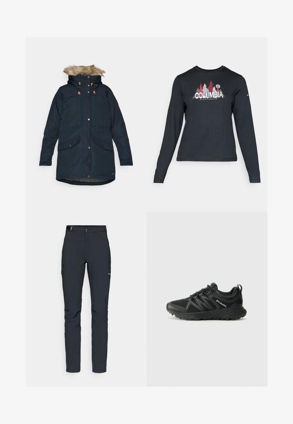 Fjällräven SINGI DOWN JACKET W - Dunfrakker - dark navy; Langærmet mørkegrå skjorte med grafik af røde træer og bjerge; "COLUMBIA" logo i fed hvid tekst. Blødt stof, standard rund hals.; Herrers udendørsbukser, mørkegrå, lavet af fleksibelt materiale, med bælte, lynlåslommer og forstærkede syninger.; Columbia PEAKFREAK - Hikingsko - black