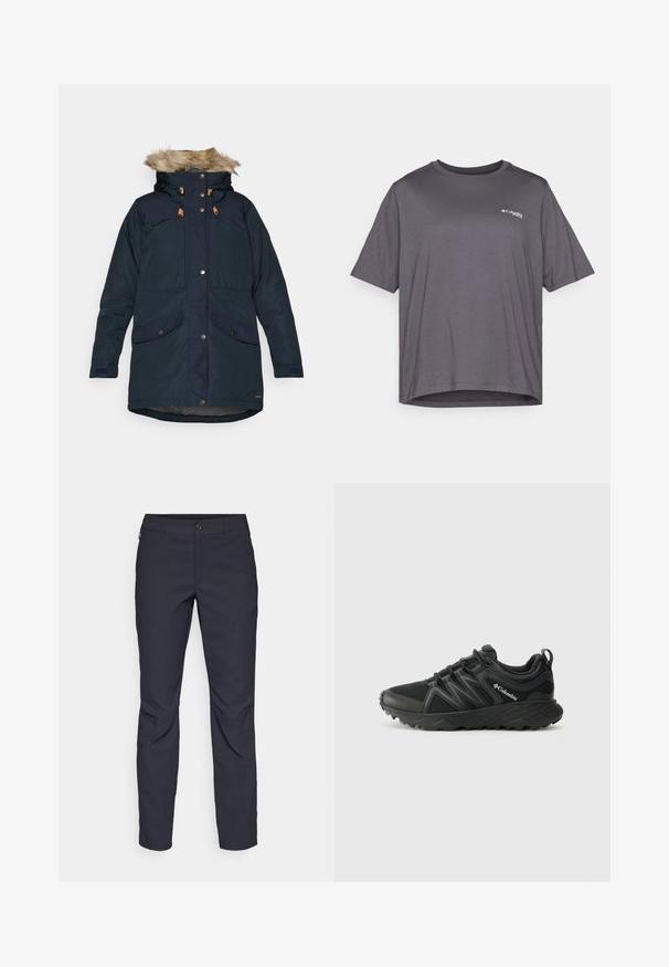 Fjällräven SINGI DOWN JACKET W - Manteau en duvet - dark navy; T-shirt gris à manches courtes en tissu doux. Il possède un col rond et un petit logo imprimé sur la poitrine.; Pantalons bleu marine en tissu lisse, dotés d'une fermeture par bouton à l'avant, d'un design ajusté et de détails pliés au niveau des genoux.; Columbia PEAKFREAK - Chaussures de marche - black