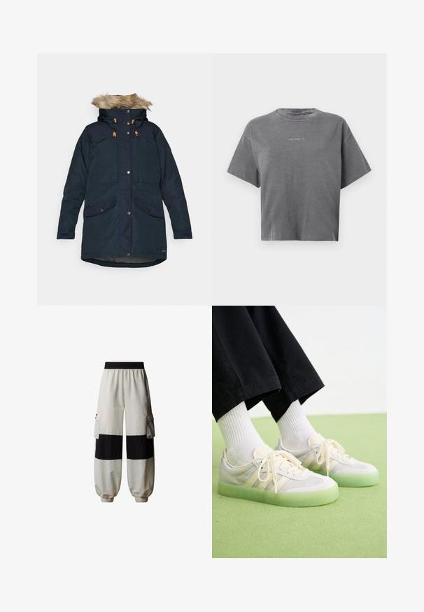 Fjällräven SINGI DOWN JACKET W - Dunfrakker - dark navy; Grå kortærmet cropped T-shirt med rund hals og lille centreret hvid "carhartt" logo foran.; The North Face HIMALAYAN - Cargobukser - white dune tnf black; Lysfarvede sneakers med overdel i ruskind og mesh, der har tre sidelabel, flade snørebånd og en gennemsigtig grøn gummisål.