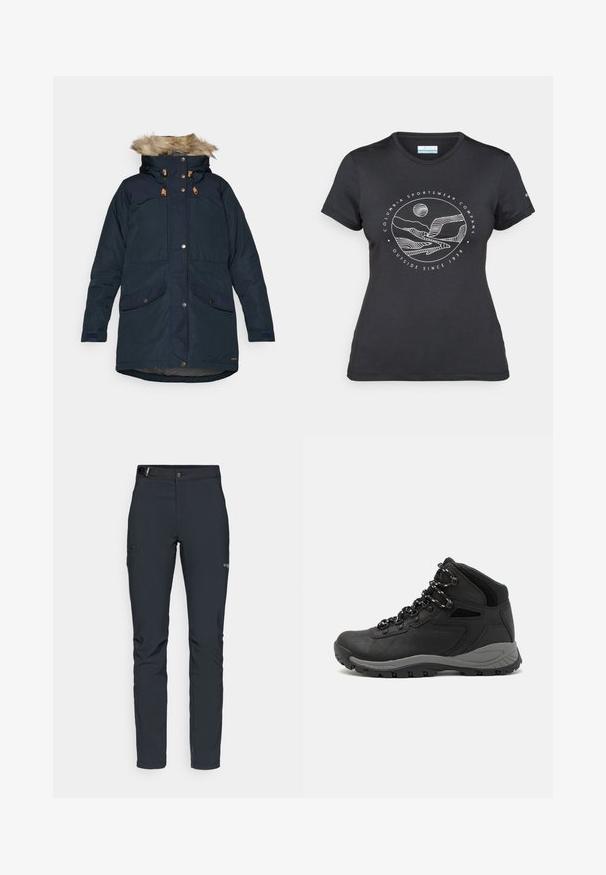 Fjällräven SINGI DOWN JACKET W - Donsjas - dark navy; Zwarte Columbia t-shirt met witte cirkelvormige lijntekening van bergen en een rivier en de tekst "Columbia Sportswear Company Outside Since 1938."; Heren buitenbroeken, donkergrijs, gemaakt van flexibel materiaal, met een riem, ritszakken en verstevigde stiksels.; Zwarte wandelschoen met een mid-top ontwerp, voorzien van een gestructureerde bovenkant, grijze accenten en een duurzame rubberen zool met gripnoppen.