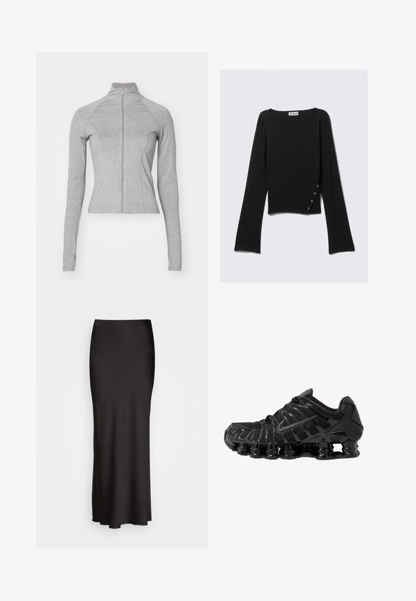 Gina Tricot SOFT TOUCH ZIP JACKET - Spordijakk - elephant skin; Must värviline pika varrukaga top, mis on valmistatud siledast kangast, laeva kaeluse, lühikese pikkuse ja külgdetailiga, kus on hõbedased nupud.; Mustast, põrandani ulatuvast satiinirest, millel on sile tekstuur, sobituv vöökoht ja A-tähe siluett, ilma nähtavate kaunistuste või mustriteta.; Must mustusjalats, millel on võrkmaterjalist ülemine osa ja läikivad kattekihtide detailid. Omab kaardus spiraallöögi pehmendust ning tekstuuriga jooni küljel. Nähtav Nike logo.