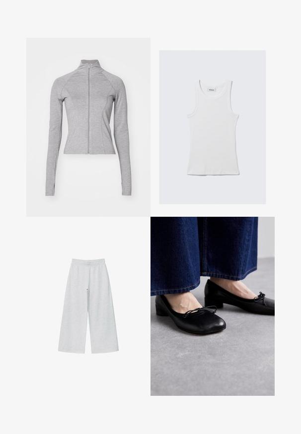 Gina Tricot SOFT TOUCH ZIP JACKET - Verryttelytakki - elephant skin; Valkoinen puuvillainen hihaton toppi, jossa on uritettu pinta, hihattomat mallit ja pyöreä kaula-aukko. Kaula-aukon kohdalla on etiketti, jossa lukee "WEEKDAY."; Harmaita leveälahkeisia housuja, jotka on valmistettu pehmeästä kankaasta ja joissa on joustava vyötärönauha. Suunnittelussa on väljä malli, joka tarjoaa mukavuutta ja liikkumisen helppoutta.; Musta nahkakengät, joissa on nelikulmainen kärki ja pieni korko, edessä koristeellinen nauha. Yhdistetty tumman farkuhousujen kanssa.