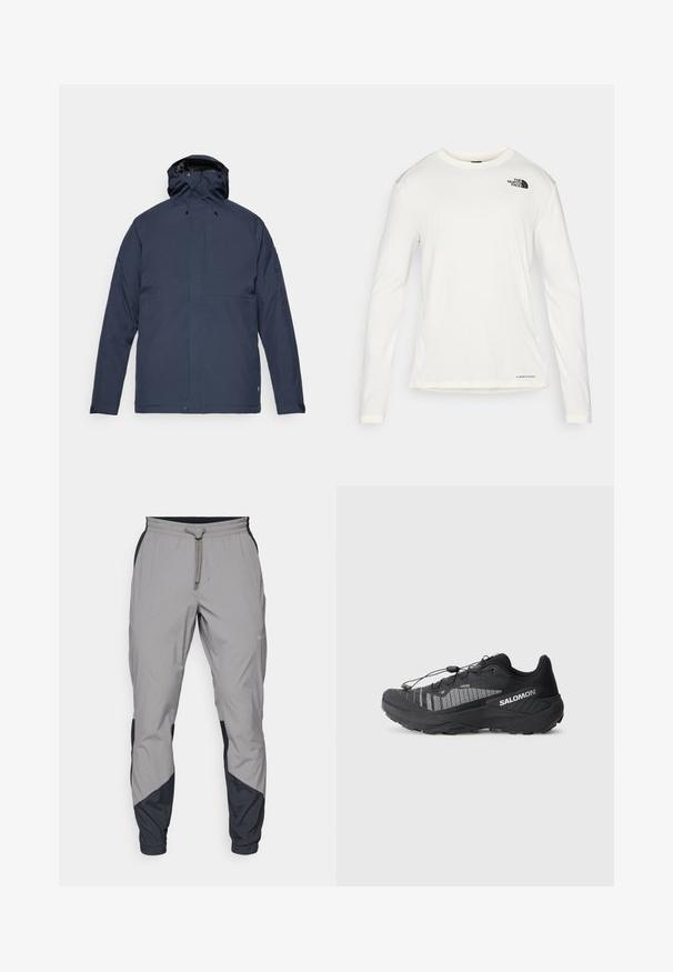 Fjällräven HC HYDRATIC PADDED TRAIL JKT M - Téli dzseki - dark navy; Fehér, hosszú ujjú póló kerek nyakkal, textúrált anyagból, fekete logóval a bal vállon, és diszkrét márkajelzéssel az alján.; Könnyű, szürke sportnadrág fekete részletekkel. Rugalmas derékpánt, zsinóros zárás, szabott lábszár kialakítás és oldalsó zsebek.; Fekete terepfutó cipő textúrált hálós felsőrésszel, fényvisszaverő részletekkel, párnázott talppal és rugalmas fűzőrendszerrel. Logó az oldalon.