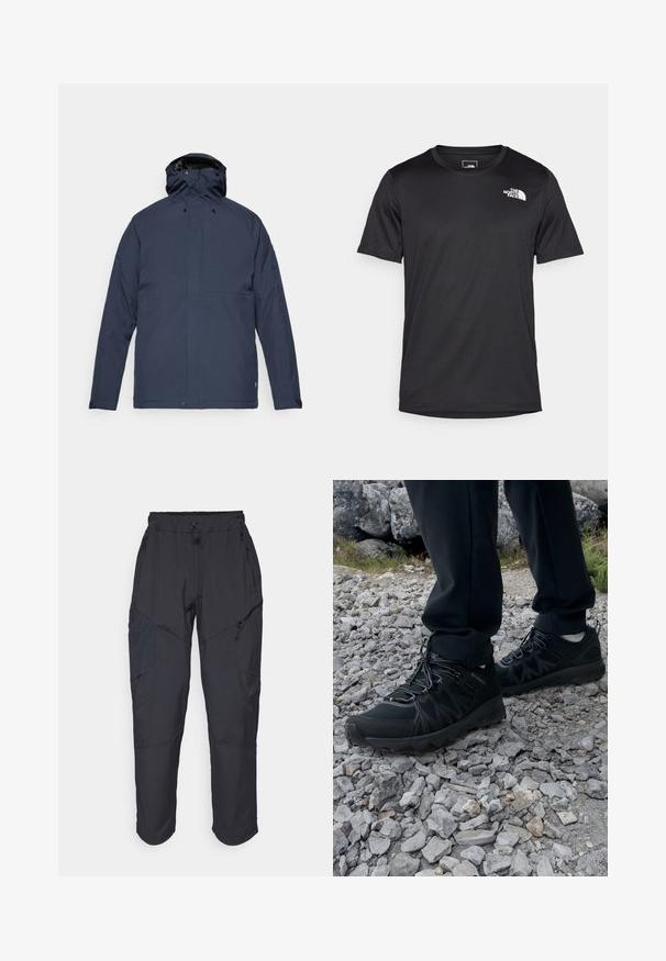 Fjällräven HC HYDRATIC PADDED TRAIL JKT M - Giacca invernale - dark navy; T-shirt nera a maniche corte realizzata in tessuto testurizzato, con un piccolo logo bianco nella parte superiore sinistra del petto, colletto rotondo.; Pantaloni cargo neri realizzati in un materiale leggero e resistente all'acqua; presentano una vita elastica, diverse tasche con zip e gambe affusolate.; Scarpe da esterni nere realizzate in mesh e materiale sintetico, con una parte superiore testurizzata, un sistema di allacciatura sicuro e una suola robusta, su terreno roccioso.