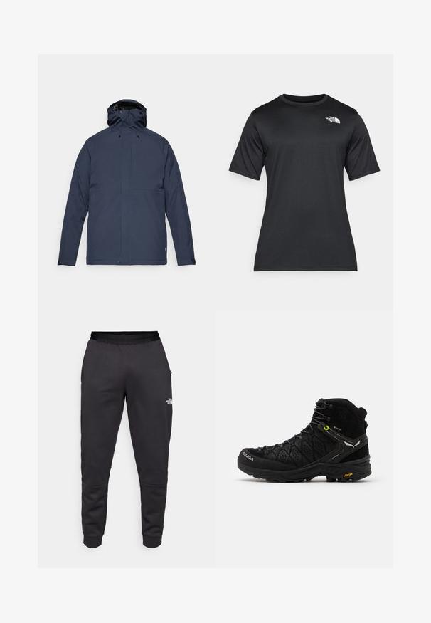 Fjällräven - Kurtka zimowa; Czarna koszulka z krótkim rękawem wykonana z lekkiego, odprowadzającego wilgoć materiału. Posiada białe logo na lewej stronie klatki piersiowej oraz okrągły dekolt.; Czarne dresy wykonane z gładkiego materiału, charakteryzujące się zwężanym krojem, elastycznym pasem i detalem logo na prawej nodze.; Czarne buty trekkingowe z teksturowaną cholewką, wzmocnionym noskiem i podeszwą Vibram. System sznurowania zawiera haki dla zapewnienia pewnego dopasowania.