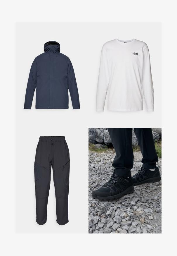 Fjällräven HC HYDRATIC PADDED TRAIL JKT M - Winterjas - dark navy; Witte lange mouwen T-shirt gemaakt van katoen met een ronde hals. Beschikt over een klein zwart logo op de borst. Soepele textuur, normale pasvorm.; Zwarte cargo pants gemaakt van een lichtgewicht, waterafstotend materiaal; voorzien van een elastische tailleband, meerdere met rits gesloten zakken en taps toelopende pijpen.; Zwarte buitenschoenen van mesh en synthetisch materiaal, met een gestructureerd bovenwerk, een beveiligd vetersysteem en een robuuste zool, op een ruig terrein.