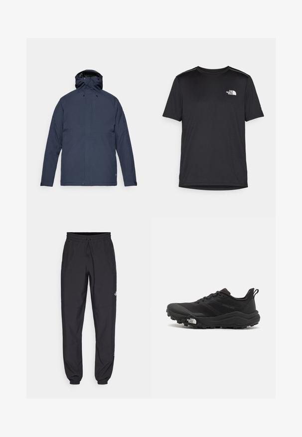 Fjällräven HC HYDRATIC PADDED TRAIL JKT M - Giacca invernale - dark navy; T-shirt nero a maniche corte realizzata in tessuto leggero. Presenta un piccolo logo bianco sul lato sinistro del petto e delicati dettagli sulle spalle.; Pantaloni sportivi neri realizzati in tessuto leggero, con vita regolabile con cordino, tasche laterali e orli affusolati alle caviglie.; Scarpa da trail running nera con tomaia texture, suola in gomma e punta rinforzata. Presenta un collare imbottito e un tassello per un indossamento facile.