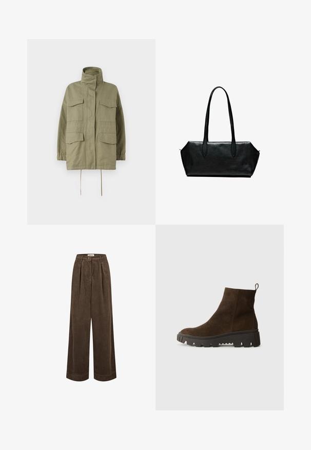 Weekend Max Mara BASTIA - Summer jacket - sage green; Charcoal gray zip-up hoodie, made of soft fabric with a drawstring hood, front pockets, and ribbed cuffs and hem. Minimalist design.; Mustard yellow short-sleeve t-shirt with a loose fit, round neck, and rolled cuffs; made of soft, textured cotton fabric.; Brown corduroy wide-leg trousers feature a high waist, front pleats, and a single button closure. Smooth texture with subtle ridges throughout.; Brown suede ankle boot with a chunky black rubber sole, featuring a slight heel and a pull tab at the back for easy wear.; Black leather handbag with long handles, rectangular shape, smooth texture, and angled sides, featuring a minimalist design and no visible hardware.