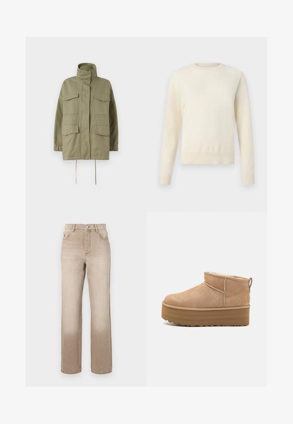 Weekend Max Mara BASTIA - Veste légère - sage green; Pull crème clair à manches longues, col rond et ourlet côtelé. Fabriqué en matériau doux, avec une texture lisse.; Jean en denim beige avec un effet légèrement délavé, design à jambes droites, style cinq poches et fermeture à bouton en métal à la taille.; Bottines en suede beige avec un intérieur moelleux, dotées d'une semelle compensée et d'une languette à l'arrière pour un enfilage facile. Semelle extérieure en caoutchouc texturé.