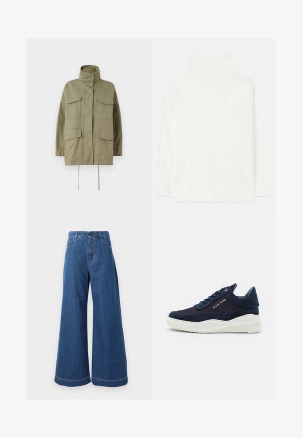 Weekend Max Mara BASTIA - Poletna jakna - sage green; Bela pulover z visokim ovratnikom in rebrastim robom, z mehko teksturo in oversized silhueto, idealen za vsakodnevno nošenje.; Široke traper hlače v srednje modrem jeansu, z visokim pasom, sprednjimi žepi in kontrastnim šivanjem vzdolž šivov in robov.; Temno modri semiš športniki z belimi gumijastimi podplati, okroglo prstno področje in vezalni dizajn. Imajo detajl logotipa na strani in teksturirane poudarke.