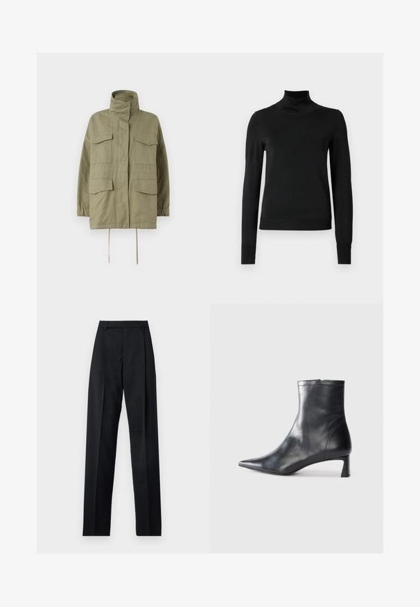 WEEKEND MaxMara BASTIA - Lichte jas - sage green; Zwarte trui met lange mouwen en col, voorzien van geribde manchetten en zoom, weergegeven op een effen witte achtergrond.; Zwarte broek gemaakt van gladde stof met een hoge taille, wijde benen, voorplooien en klassieke ceintuurlussen. Geen zijzakken zichtbaar.; Zwarte leren enkellaars met een spitse neus en een slank ontwerp. Heeft een lage hak en een ritssluiting aan de achterkant. Gladde textuur.