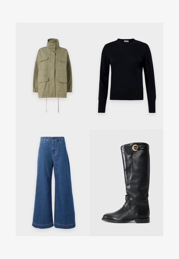 Weekend Max Mara BASTIA - Leichte Jacke - sage green; Schwarzer Strickpullover mit Rundhalsausschnitt und langen Ärmeln. Verfügt über eine glatte Textur und gerippte Bündchen, die eine klassische Passform und ein zeitloses Design bieten.; Weite Jeans in mittelblauem Denim, mit hoher Taille, vorderen Taschen und Kontrastnähten entlang der Nähte und Säume.; Schwarzer Lederstiefel bis zum Knie mit runder Zehenpartie, schnürbarem Vorderteil, seitlichem Detail und einer goldenen Akzentgürtel am oberen Ende. Glatte Textur.
