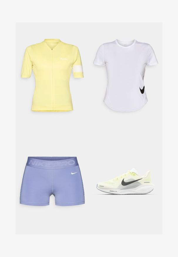 Maillot de cyclisme jaune à manches courtes, avec fermeture éclair à l'avant et accent blanc sur le bras gauche. Fabriqué en tissu léger et respirant.; T-shirt de sport blanc à manches courtes en tissu lisse, avec un logo Nike noir sur le côté gauche et un ourlet courbé en bas.; Shorts de compression Nike Pro en violet clair, avec une large ceinture comportant le texte "NIKE PRO", une texture lisse et des accents latéraux à motifs.; Baskets de course Nike avec une tige en mesh jaune clair et blanche, des accents gris et une semelle en caoutchouc flexible. Présentent un système de laçage.