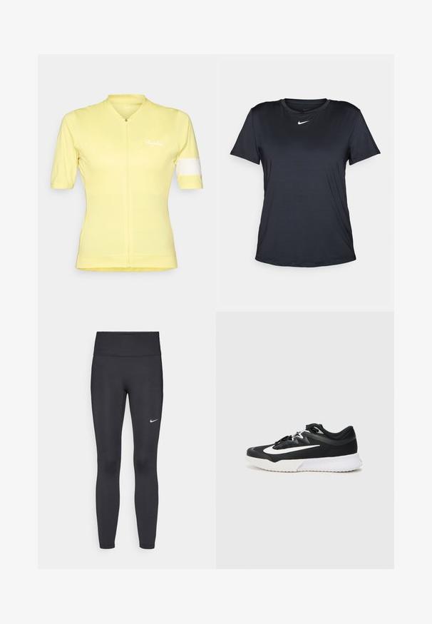 Yellow cycling jersey with short sleeves, zip front, and white accent on the left arm. Made from lightweight, breathable fabric.; Black Nike T-shirt with short sleeves, round neckline, made from smooth fabric, featuring a small white logo on the chest.; Black leggings made of stretchy fabric, featuring a high waistband and a white Nike logo on the left thigh. Smooth texture, form-fitting design.; Black athletic shoe with white accents, featuring a textured upper, round toe, flat laces, and a thick white rubber sole.