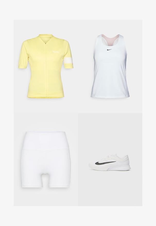 Geltonas dviračių marškinėlis trumpomis rankovėmis, su užtrauktuku priekyje, ir baltu akcentu kairėje rankovėje. Pagamintas iš lengvos, kvėpuojančios medžiagos.; Balta sportinė atletiška marškinėliai, pagaminti iš lygios, lengvos medžiagos. Turi apvalią iškirptę ir juodą Nike logotipą priekyje.; Balti aukšto juosmens šortai, pagaminti iš elastingos medžiagos. Yra lygus paviršius ir prigludęs siluetas, be papildomų raštų ar detalių.; Balti sportiniai batai su tekstūruotu tinklo viršumi, juoda logotipo juosta, paminkštinta apykakle ir guma padu su sukibimo raštu.