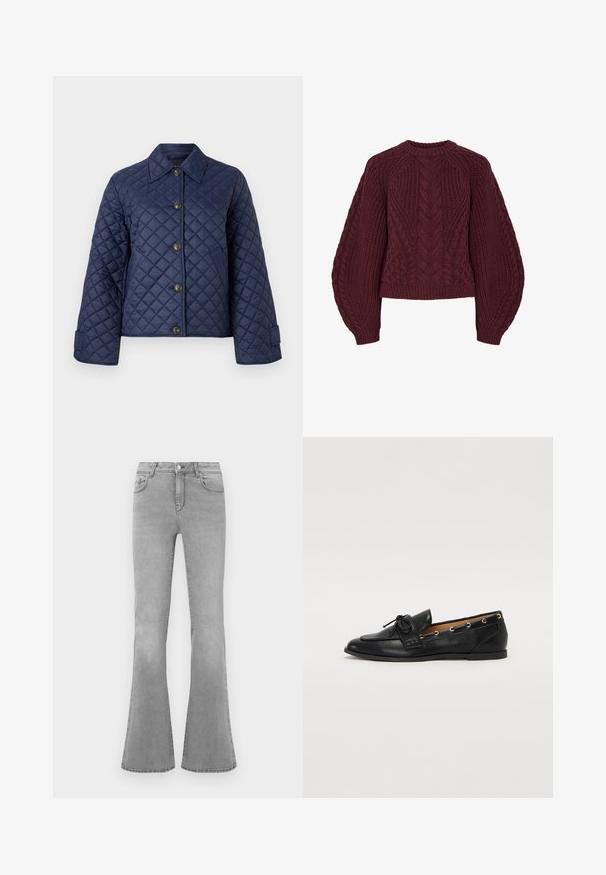 Tengerészkék steppelt dzseki, gallérral, nyolc gombbal elöl, széles ujjak, sima fehér háttér előtt bemutatva.; Burgundy kötött pulóver texturált kábelmintákkal, kerek nyakkal és puffos ujjal. Az bordázott mandzsetta és szegély kiemeli a dizájnt.; Szürke, trapéz szabású farmernadrág, klasszikus ötpocket dizájnnal, cipzáras sliccsel és finom kopási részletekkel a lábak mentén.; Fekete bőr lófarok cipők, megkötött masnival, arany szemcsés díszítéssel az oldalán és lapos gumitalppal. Simaság, klasszikus dizájn.