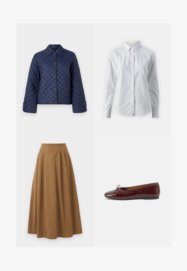 Giacca trapuntata blu navy con colletto, otto bottoni frontali e maniche larghe, esposta su uno sfondo bianco semplice.; Camicia bianca con bottoni, realizzata in cotone liscio, dotata di un colletto classico, maniche lunghe e orlo curvo. I bottoni sono piccoli e bianchi.; Gonna A-line in cotone marrone con vita alta, caratterizzata da pince sulla parte anteriore e una texture liscia. Le finiture dell'orlo sono pulite e semplici.; Ballerine in pelle verniciata bordeaux con punta arrotondata, piccolo fiocco decorativo sulla parte anteriore e suola bassa in gomma nera. Texture liscia.