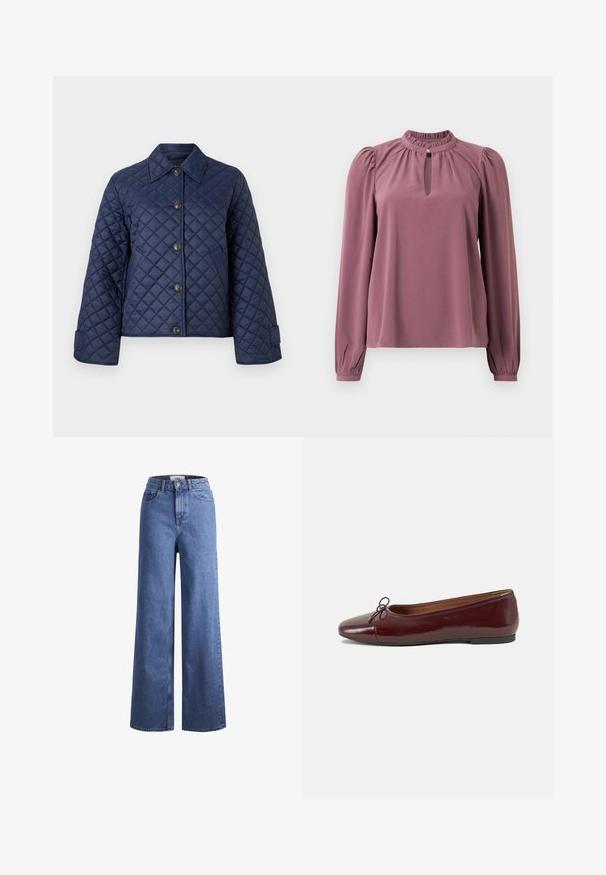 Casaco acolchoado azul-marinho com gola, oito botões à frente e mangas largas, exibido contra um fundo branco liso.; Blusa de manga longa em cor malva com gola franzida, decote em forma de olho de fechadura com fechamento por botão e ombros ligeiramente bufantes.; Jeans de ganga azul claro, de perna larga e cintura alta, com dois bolsos frontais e costuras visíveis. Apresenta um fecho de botão e zíper.; Bailarinas em couro sintético borgonha com bico redondo, pequeno laço na frente e sola baixa em borracha preta. Textura suave.