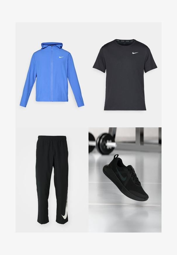 Veste de sport bleue avec capuche, fabriquée en tissu léger. Présente un logo Nike blanc sur la poitrine gauche et une fermeture éclair sur le devant.; T-shirt de course noir Nike en matériau léger et respirant, avec des manches courtes et un petit logo blanc sur la poitrine.; Pantalons de sport noirs avec une ceinture élastique, design fuselé, dotés d'un grand logo Nike blanc sur la jambe gauche. Tissu doux et léger.; Chaussure de sport noire avec une tige en maille texturée, une semelle en caoutchouc et un logo Swoosh sombre proéminent. Elle présente un col rembourré et un système de laçage.
