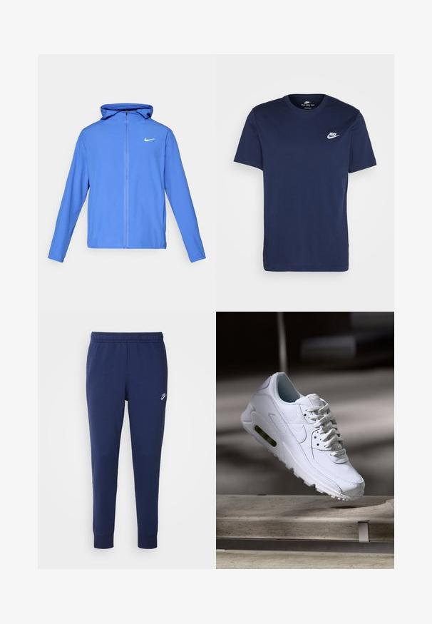 Blue athletic jacket with a hood, made from lightweight fabric. Features a white Nike logo on the left chest and a full front zipper.; Navy blue cotton T-shirt with a crew neckline and short sleeves. Features a white Nike logo on the left chest and a straight hem.; Navy blue Nike sweatpants made from soft cotton blend, featuring an elastic waistband, tapered legs, and a small white logo on the side.; White leather sneaker with textured surfaces, padded collar, and visible air cushioning in sole. Features laces and a minimalistic design.