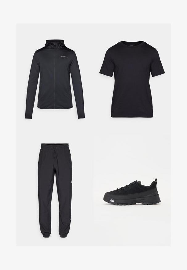 Juodas zip-up džemperis su kapišonu, pagamintas iš glotnaus, lengvo audinio. Dėvint logo kairėje krūtinės pusėje ir ilgos rankovės.; Juodas marškinėliai, pagaminti iš lygaus audinio, su apvalia kaklo iškirpte ir trumpomis rankovėmis. Subtilus prekės ženklas juodai atspausdintas ant krūtinės.; Juodos sportinės kelnės, pagamintos iš lengvos medžiagos, su raišteliu liemens srityje, šoniniais kišenėmis ir siaurėjantys apykaklės prie kulkšnies.; Juodas lauko sportinis batelis su zomšiniu viršumi, tekstūruota guma padais ir tvirtas raištelių sistema. Yra sustiprinta kulno dalis ir prekės ženklo logotipas šone.