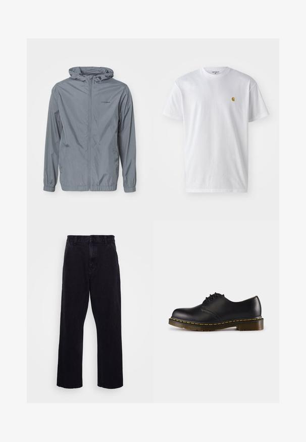Lätt, grå vindjacka med huva, elastiska ärmar och sidfickor. Tillverkad av ett slätt, vattenavvisande material.; Vit bomullströja med korta ärmar, rund halsringning, med en liten guldlogotyp på vänster bröstområde. Mjuk textur och vanlig passform.; Svarta denimbyxor med rak ben-design, med knapp- och dragkedjestängning, bältesöglor och minimala sömdetaljer.; Svart lädersko med rund tå, snörningsdesign, gula stygn längs sulan och en kraftig, texturerad gummisula.