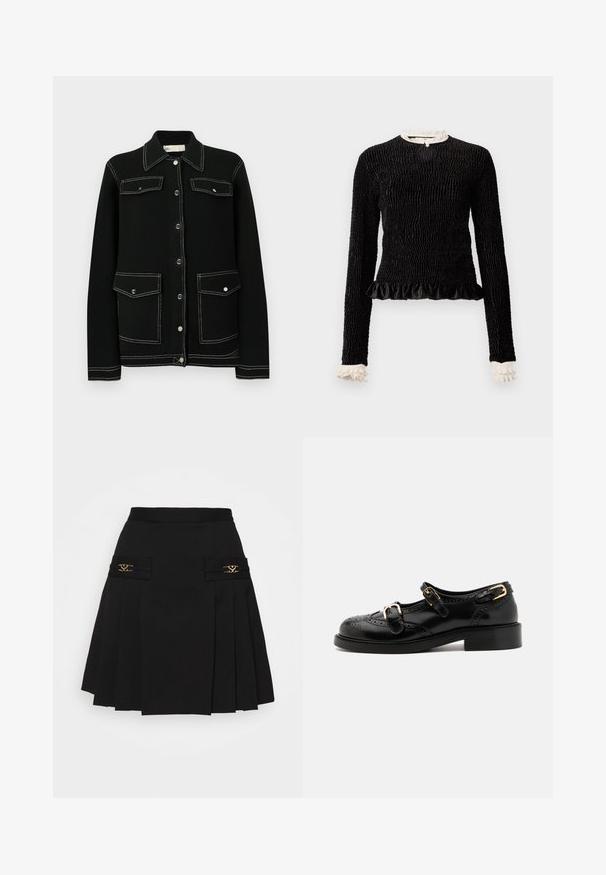 Crna pletena jakna s kontrastnim bijelim šavovima, zatvaranjem na kopče, dva džepa na prsima i klasičnim ovratnikom.; Crna majica dugih rukava od teksturiranog materijala, s volanima na rubu i bijelim volanima na ovratniku i manžetama. Ima središnje zatvaranje s petljom.; Crna plisirana suknja s zlatnim akcentima. Sadrži bočne džepove s detaljima loga, izrađena od glatkog materijala. A-linijski kroj.; Crne kožne cipele s brogue detaljima, koje imaju dva remena sa kopčama, okrugli vrh i niski potplat. Glatka tekstura s sjajnim završetkom.