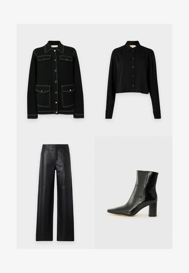 Giacca nera in maglia con cuciture bianche a contrasto, chiusura con bottoni a pressione, due tasche sul petto e design con collo classico.; Camicia nera cropped con maniche lunghe, colletto a punta e chiusura con bottoni. Realizzata in tessuto morbido, con vestibilità rilassata e maniche a polsino.; Pantaloni in pelle nera a gamba larga con una texture liscia, dotati di tasche frontali, chiusura a bottone e dettagli di cucitura sottili.; Stivale alla caviglia nero in pelle lucida con punta affusolata e tacco squadrato e corposo. Presenta una texture liscia e un design minimalista.