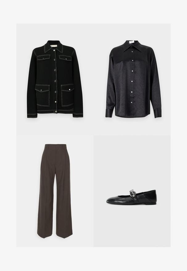Black knitted jacket with contrast white stitching, snap button closure, two chest pockets, and a classic collar design.; Black long-sleeve shirt with a collared neckline, featuring a crinkled texture, full button front, and cuffs. Made from a smooth fabric.; Dark brown wide-leg trousers with a high waist, featuring neatly pressed creases, smooth texture, and a tailored fit.; Black leather ballet flats with a pointed toe, featuring a strap with a circular metallic buckle and a flat sole.