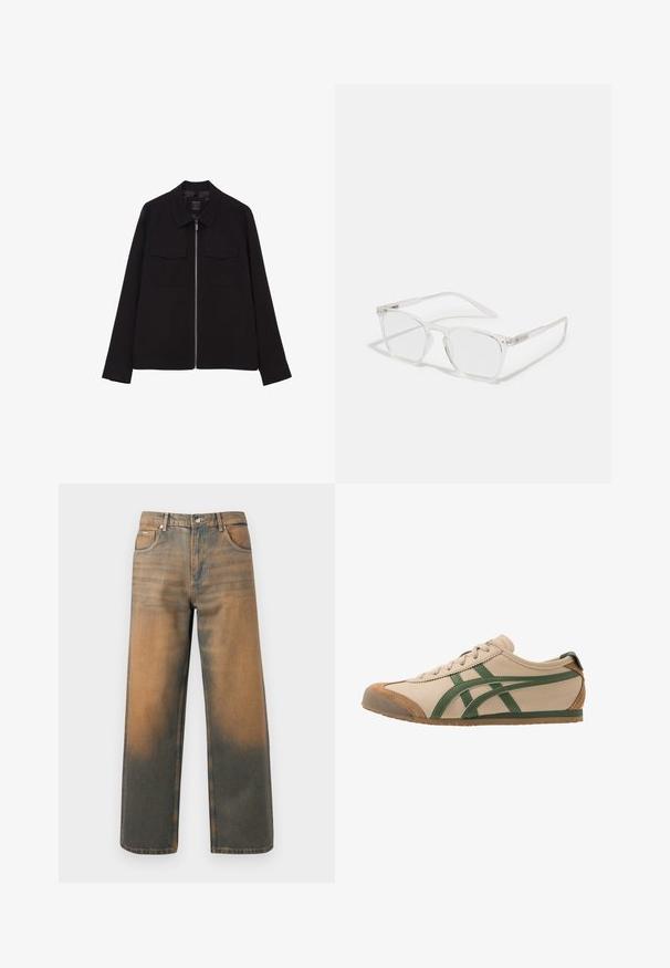 Schwarze Jacke mit Reißverschluss, zwei aufgesetzten Fronttaschen, Kragen und langen Ärmeln. Hergestellt aus einem glatten Stoff. Minimalistisches Design.; Olivengrüner gestrickter Pullover mit Rundhalsausschnitt, langen Ärmeln und gerippten Bündchen. Weiche Textur und lässige Passform, mit einem taillierten, leicht verkürzten Saum.; Weite Jeans aus verwittertem blauem und braunem Denim. Sie haben eine hohe Taille, Vorderseiten-Taschen und einen klassischen Knopfverschluss mit metallischen Akzenten.; Beige Leder-Sneaker mit grünen Akzenten, runder Zehenpartie, flacher Sohle und Wildlederdetails an der Zehenkappe und Ferse.; CHPO ZEBBE UNISEX - Blue Light Brillen - transperent