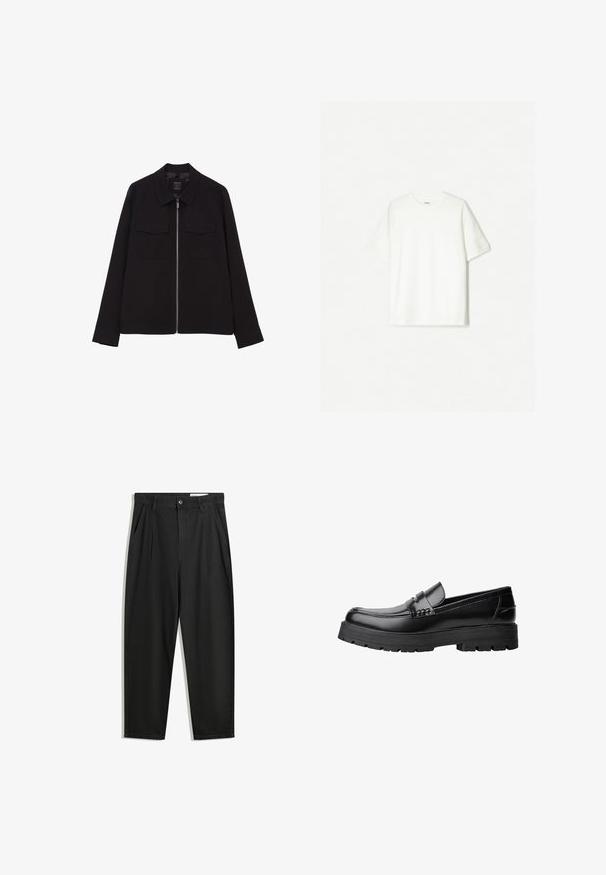 Schwarze Jacke mit Reißverschluss, zwei aufgesetzten Fronttaschen, Kragen und langen Ärmeln. Hergestellt aus einem glatten Stoff. Minimalistisches Design.; Weißes T-Shirt mit kurzen Ärmeln aus weicher Baumwolle. Crew-Hals Design mit lässiger Passform und ohne sichtbare Logos oder Muster.; Schwarze Baumwollhose mit lockerem Schnitt, ausgestattet mit einem klassischen Bund, vorderen Falten und Seiten taschen. Glatte Textur ohne Muster.; Schwarzer Lederloafer mit grobem, rutschfestem Sohlenprofil und dekorativem Riemen über der Oberseite, seitlich links auf weißem Hintergrund abgebildet.