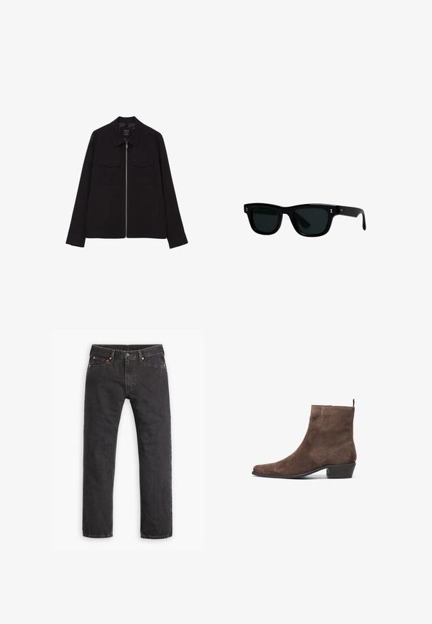 Black jacket with a zip closure, two front patch pockets, a collared neck, and long sleeves. Made from a smooth fabric. Minimalist design.; Black cotton t-shirt with short sleeves, round neck, and a relaxed fit. Smooth texture and minimalistic design, no patterns or accents.; Black straight-leg denim jeans with five pockets, button closure, and copper rivets laid flat on a white background.; Brown suede ankle boot with a pointed toe, low block heel, and a pull loop at the back for easy wear. Smooth texture and simple design.; Black sunglasses with square frames, dark lenses, and smooth plastic material. Features small, round accents on the front and slender arms.